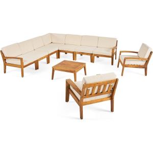 Christopher Knight Home Grena Outdoor Acacia Wood 9 Seater Sectional Conversation Set with Coffee Table, Teak and Beige