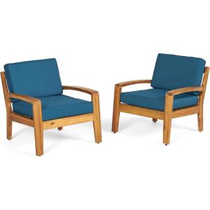 Christopher Knight Home Grenada Outdoor Acacia Wood Club Chairs with Cushions (Set of 2), Teak and Dark Teal