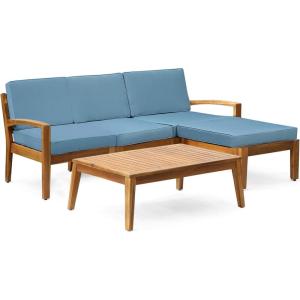 Christopher Knight Home Grenada Sectional Sofa Set | 5-Piece 3-Seater | Includes Coffee Table and Ottoman | Acacia Wood Frame | Water-Resistant Cushions | Teak and Blue, Finish