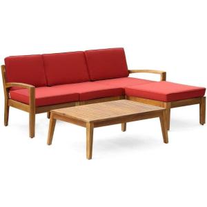 Christopher Knight Home Grenada Sectional Sofa Set | 5-Piece 3-Seater | Includes Coffee Table and Ottoman | Acacia Wood Frame | Water-Resistant Cushions | Teak and Red, Finish