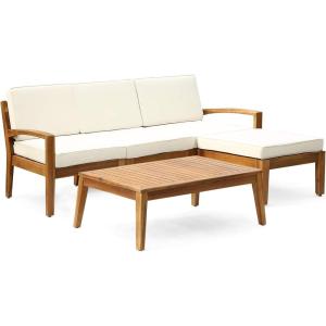 Christopher Knight Home Grenada Sectional Sofa Set | 5-Piece 3-Seater | Includes Coffee Table and Ottoman | Acacia Wood Frame | Water-Resistant Cushions | Teak and Beige, Finish