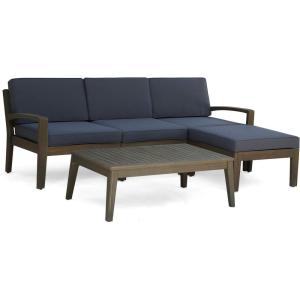 Christopher Knight Home Grenada Sectional Sofa Set | 5-Piece 3-Seater | Includes Coffee Table and Ottoman | Acacia Wood Frame | Water-Resistant Cushions Dark Gray, Finish