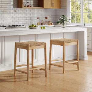 Christopher Knight Home Guke Boho Backless Counter Height Bar Stools Set of 2, Acacia Wood Counter Stools with Rope Wicker Seat, Square Bar Stool for Kitchen Island, Wooden Dining Room Chair, Natural