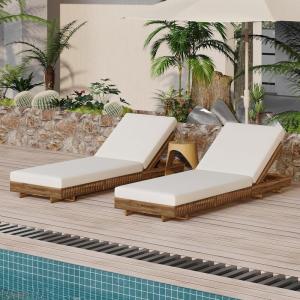 Christopher Knight Home Habers Acacia Wood Chaise Lounge Chair Outdoor Set of 2, Adjustable Backrest Sun Lounger Recliner, Patio Outdoor Chaise Lounge with 4″ Thick Water-Resistant Cushion,Teak+Cream