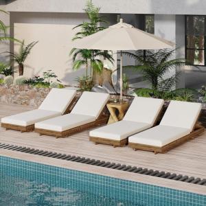 Christopher Knight Home Habers Acacia Wood Chaise Lounge Chair Outdoor Set of 4, Adjustable Backrest Sun Lounger Recliner, Patio Outdoor Chaise Lounge with 4″ Thick Water-Resistant Cushion,Teak+Cream