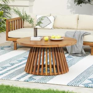 Christopher Knight Home Hakee Acacia Wood Patio Coffee Table, Round Table with Unique Wooden Base for Backyard, Balcony, Stylish Indoor/Outdoor Table, Easy Assembly, 31.5″ x 31.5″ x 16″, Teak(Teak)