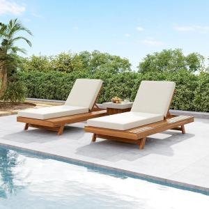 Christopher Knight Home Hamill Acacia Wood Chaise Lounge Chair Outdoor Set of 2, Adjustable Backrest Sun Lounger Recliner, Patio Outdoor Chaise Lounge with 4″ Thick Water-Resistant Cushion,Teak+Cream