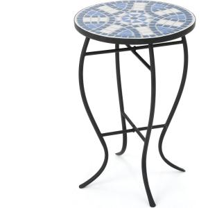 Christopher Knight Home Han Outdoor Ceramic Tile Side Table with Iron Frame, Blue / White