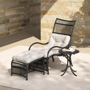 Christopher Knight Home Hanley Patio Wicker Lounge Chair with Ottoman Footrest+Coffee Table, 3-Piece Outdoor Furniture Set for Porch/Balcony/Deck/Backyard, Metal Frame+Soft Cushions,Beige+Black+Brown(Beige+black)