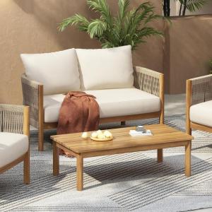Christopher Knight Home Havets 2 Pieces Conversation Set, Acacia Wood Loveseat and Coffee Table Set, Woven Rope Armchair, Slats Panel End Table, 6″ Thick Cushion Couch for Backyard Garden, Gray+Beige(Teak+beige)