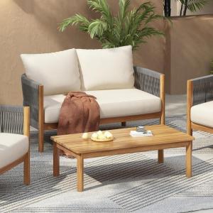 Christopher Knight Home Havets 2 Pieces Conversation Set, Acacia Wood Loveseat and Coffee Table Set, Woven Rope Armchair, Slats Panel End Table, 6″ Thick Cushion Couch for Backyard Garden, Gray+Beige(Gray+beige)