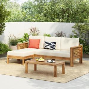 Christopher Knight Home Havets 3 Pieces Outdoor Acacia Furniture Set, Slat Panel Couch, Spacious Seating Armchair, 6″ Thick Cushions Sofa and Coffee Table Set for Backyard Garden Balcony, Teak+Beige