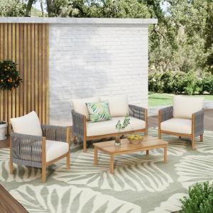 Christopher Knight Home Havets 4 Pieces Outdoor Acacia Furniture Set, Woven Rope Loveseat and Accent Club Chairs, Conversation Sets with 6″ Thick Cushions for Backyard Garden Balcony, Gray+Beige(Gray+beige)