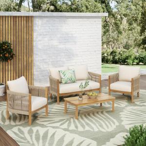 Christopher Knight Home Havets 4 Pieces Outdoor Acacia Furniture Set, Woven Rope Loveseat and Accent Club Chairs, Conversation Sets with 6″ Thick Cushions for Backyard Garden Balcony, Gray+Beige(Teak+beige)