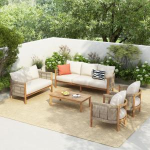 Christopher Knight Home Havets 5 Pieces Outdoor Acacia Furniture Set, Woven Rope Loveseat and Accent Club Chairs, 6″ Thick Cushions Sofa and Coffee Table Set for Backyard Garden Balcony, Teak+Beige(Teak+beige)