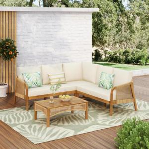 Christopher Knight Home Havets 78.75″ Sectional L Shaped Sofa, Slat Coffee Table, 4 Pieces Acacia Wood Patio Furniture Set, Faux Rattan Chair and Table Set for Backyard Garden Balcony, Teak+Beige