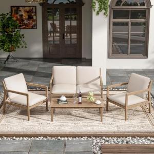 Christopher Knight Home Hearth Patio 4 Pieces Conversation Set, Acacia Wood Loveseat and Accent Armchairs, Slat Panel Coffee Table, Side Table with Sofa Chairs Chat Set for Garden Yard, Light Teak