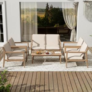 Christopher Knight Home Hearth Patio 6 Pieces Conversation Set, Acacia Wood Loveseat and Accent Armchairs, Slat Panel Coffee Table, Side Table with Sofa Chairs Chat Set for Garden Yard, Light Teak