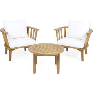 Christopher Knight Home Helena Outdoor 2 Seater Wooden Chat Set with Round Coffee Table, White and Teak Finish