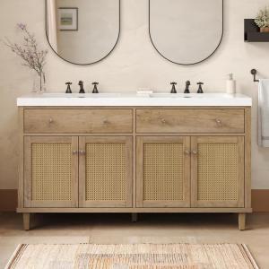 Christopher Knight Home Heli 60″ Modern Double Bathroom Vanity with Sink Combo Set, Modern Freestanding Bathroom Sink Cabinet with Drawer, Bathroom Storage Cabinet with Sink Combo, White +Brown(White +Brown)