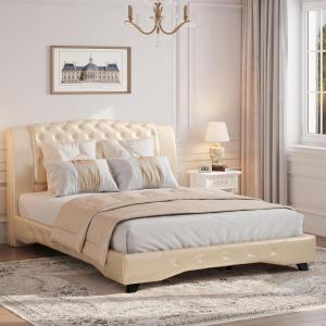 Christopher Knight Home Hira Queen Bed Frame with Headboard, Queen Size Bed Frame with Button Tufted, PU Leather Upholstered Platform Bed, Wooden Slats Support, No Box Spring Needed, Brown(Wheat)
