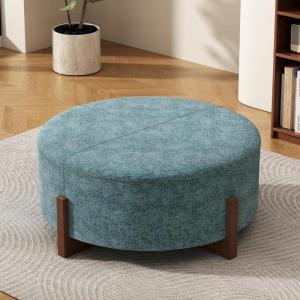 Christopher Knight Home Holmes Modern Chenille Upholstered Ottoman Coffee Table, Wooden Round Cocktail Ottoman, Large Living Room Sofa Footstool/Footrest, Teal Blue+Walnut(Teal Blue+walnut)