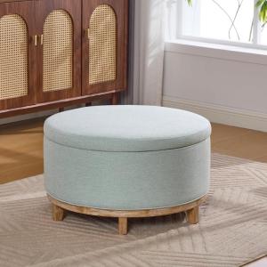 Christopher Knight Home Inla Modern Round Ottoman with Storage for Living Room, Lift-Lid Storage Ottoman Coffee Table, Upholstered Ottoman Foot Rest, Wooden Toy Box Storage, Mint Green+Natural(Mint Green+natural)