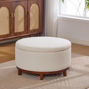 Christopher Knight Home Inla Modern Round Ottoman with Storage for Living Room, Lift-Lid Storage Ottoman Coffee Table, Upholstered Ottoman Foot Rest, Wooden Toy Box Storage, Mint Green+Natural(Light Beige+brown)