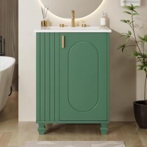 Christopher Knight Home Ivan 24″ Bathroom Vanity with Ceramic Sink, Freestanding Wooden Bathroom Vanity Organizer, Soft Closing Door Modern Bathroom Storage Cabinet with Side Open Shelf, Black(Green)