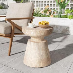 Christopher Knight Home Jayme 15″Lightweight Concrete End Table, Indoor Outdoor Accent Side Table, Travertine Round Tabletop, Easy Move, Decorative Garden Stool for Poolside Balcony Living Room, Gold(Travertine/Gold)