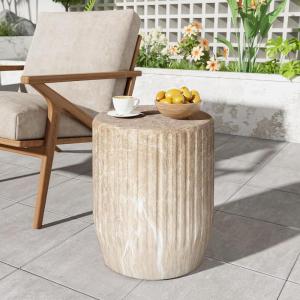 Christopher Knight Home Jayme 15″Lightweight Concrete End Table, Indoor Outdoor Accent Side Table, Travertine Round Tabletop, Easy Move, Decorative Garden Stool for Poolside Balcony Living Room, Gold(Cylinder/Gold)