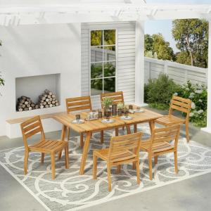 Christopher Knight Home Jayme Outdoor 7 Pieces Bistro Set, Acacia Wood Dining Chair, Open Slats Panel Back Armchair and Table Set, Rectangular Wooden Table, Acacia Wood Dining Set for Backyard, Teak