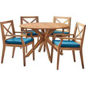 Christopher Knight Home Jordan Outdoor 5 Piece Acacia Wood Dining Set, Teak Finish/Blue