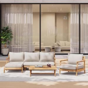 Christopher Knight Home Jorine Patio Chat Set, Acacia Wood Accent Chair, Slat Panel Coffee Table, Sectional L Shaped Sofa, Loveseat and Lounge Chair, Outdoor Conversation Set for Yard, Teak+Beige