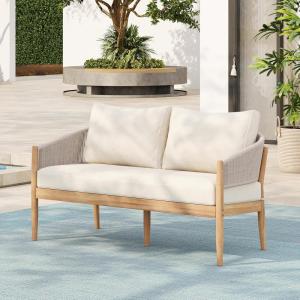 Christopher Knight Home Katarina Patio Acacia Wood Loveseat Furniture, Outdoor Loveseat Sofa with Comfy Fabric Cushions, 2-Seater Sofa with Handwoven Rope Backrest for Garden/Backyard, Black+Beige(Light Brown+beige)
