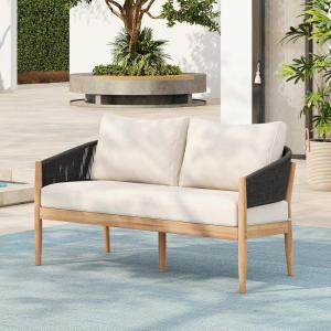 Christopher Knight Home Katarina Patio Acacia Wood Loveseat Furniture, Outdoor Loveseat Sofa with Comfy Fabric Cushions, 2-Seater Sofa with Handwoven Rope Backrest for Garden/Backyard, Black+Beige(Black+beige)