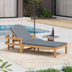 Christopher Knight Home Kayas Acacia Wood Chaise Lounge with Adjustable Backrest, 77.5″ Outdoor Sun Lounger with Cushion, Modern Patio Lounger Recliner Chair for Poolside Lawn, Light Teak+Gray, 1PCS(Light Teak+gray  1pcs)