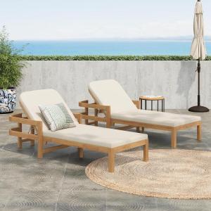 Christopher Knight Home Kayas Acacia Wood Chaise Lounge with Adjustable Backrest, 77.5″ Outdoor Sun Lounger with Cushion, Patio Lounger Recliner Chair for Poolside Lawn, Light Teak+Cream, Set of 2(Light Teak+cream  Set of 2)