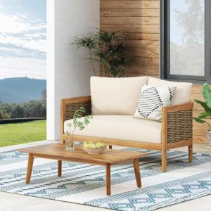 Christopher Knight Home Kayiz Patio Acacia Wood Conversation Set, Outdoor Loveseat with Coffee Table, Outdoor Chat Set Seating Group for Backyard Deck, PE Rattan Accents, Teak+Mixed Brown+Beige