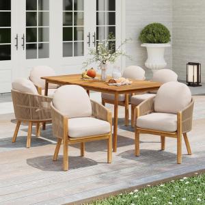 Christopher Knight Home Kclent Outdoor Acacia Wood Dining Set for 6, Patio Table & Chairs with Angled Rope Arm, Removable Cushions, 7 Piece Patio Dinner Set for Backyard Deck, Teak+ Beige(Teak+ Beige angle Curved Arm)