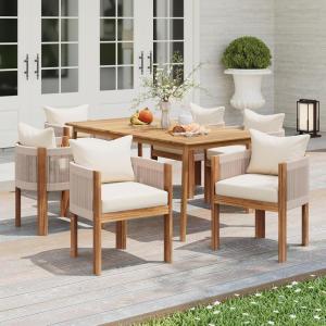 Christopher Knight Home Kclent Outdoor Acacia Wood Dining Set for 6, Patio Table & Chairs with Angled Rope Arm, Removable Cushions, 7 Piece Patio Dinner Set for Backyard Deck, Teak+ Beige(Teak+ Beige curved Arm)