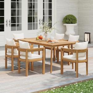 Christopher Knight Home Kclent Outdoor Acacia Wood Dining Set for 6, Patio Table & Chairs with Angled Rope Arm, Removable Cushions, 7 Piece Patio Dinner Set for Backyard Deck, Teak+ Beige(Teak+ Beige hollow Arm)