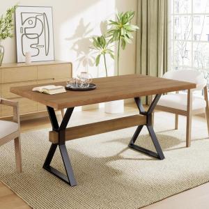 Christopher Knight Home Keyats 63 Inch Dining Table for 6 People, Modern Farmhouse Kitchen Table with X-Shaped Metal Legs, Rectangular Dinner Furniture for Dining Room, Home Office, Natural(Brown)