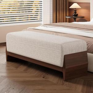 Christopher Knight Home Kingen 55” Linen Fabric Upholstered End of Bed Ottoman, Wooden Living Room Ottoman Bench with Thick Soft Cushions, Long Entryway Bench, Long Seating for Bedroom, Brown + White