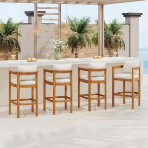 Christopher Knight Home Kuart Acacia Wood Outdoor Bar Stool Set of 4 with Cushion, Patio Armchair Set for Bar Table, Wooden Patio Counter Height Bar Stool with Footrest, Natural Washed+Beige(Teak+beige)