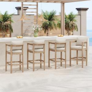 Christopher Knight Home Kuart Acacia Wood Outdoor Bar Stool Set of 4 with Cushion, Patio Armchair Set for Bar Table, Wooden Patio Counter Height Bar Stool with Footrest, Natural Washed+Beige(Natural Washed+beige)