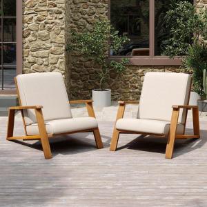 Christopher Knight Home Kuro Acacia Wood Adirondack Chairs Set of 2, Lounge Chair Outdoor with Slatted Design, Patio Chair with Cushion, Extra Seating for Balcony Backyard Garden, Teak + Beige(Teak + Beige)