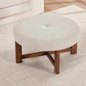 Christopher Knight Home Ladin Modern Round Ottoman Coffee Table, Faux Leather Cocktail Ottoman for Living Room Sofa, Entryway Comfortable Footstool, Wooden Ottoman Foot Rest, Dark Brown+Walnut(Beige+brown)