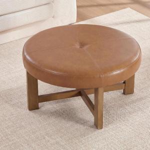 Christopher Knight Home Ladin Modern Round Ottoman Coffee Table, Faux Leather Cocktail Ottoman for Living Room Sofa, Entryway Comfortable Footstool, Wooden Ottoman Foot Rest, Dark Brown+Walnut(Light Brown+walnut)
