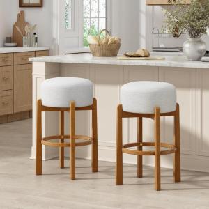 Christopher Knight Home Lera Modern Counter Height Bar Stools Set of 2, Fabric Round Stool Chair for Kitchen Island, Wooden Dining Room Chair, Upholstered Counter Stool with Footrest, Walnut+Ivory(Walnut+ivory)
